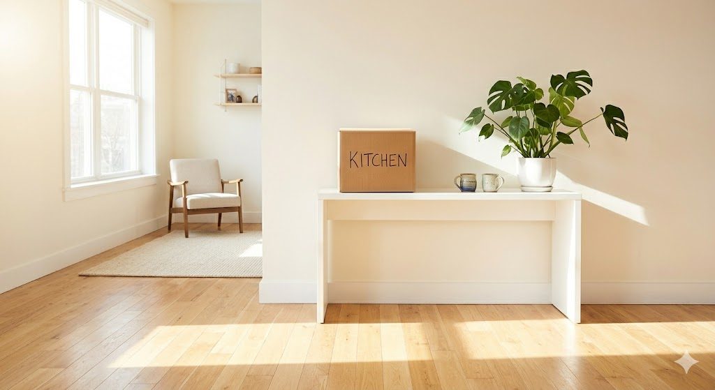 A simple, airy room with one labelled cardboard box on a low table, sunlight through a window, a pot plant