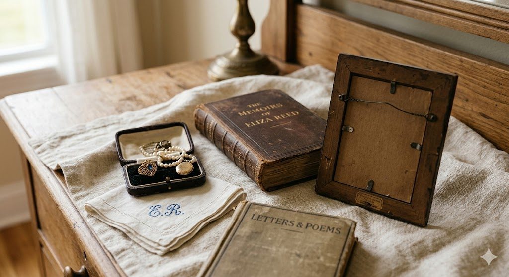 An old leather-bound book, a framed photograph turned away, and a small jewellery box on a linen cloth