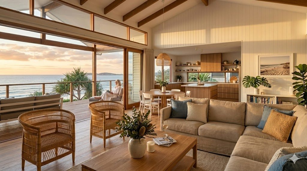 Coastal Queensland home at sunset — a woman seated on the deck looking out to the ocean, soft pink sky beyond