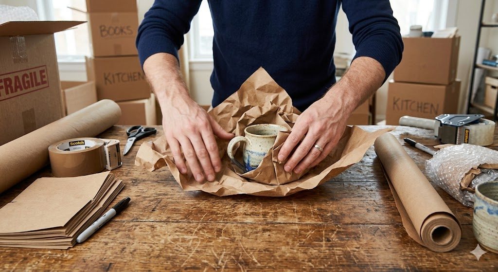 Hands wrapping a ceramic mug in butcher's paper on a wooden table, surrounded by labelled moving boxes