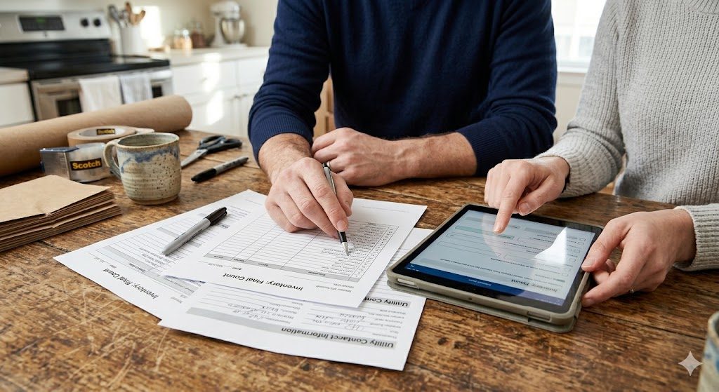 Two pairs of hands across a kitchen bench, one filling in a paper form, the other gesturing at a tablet